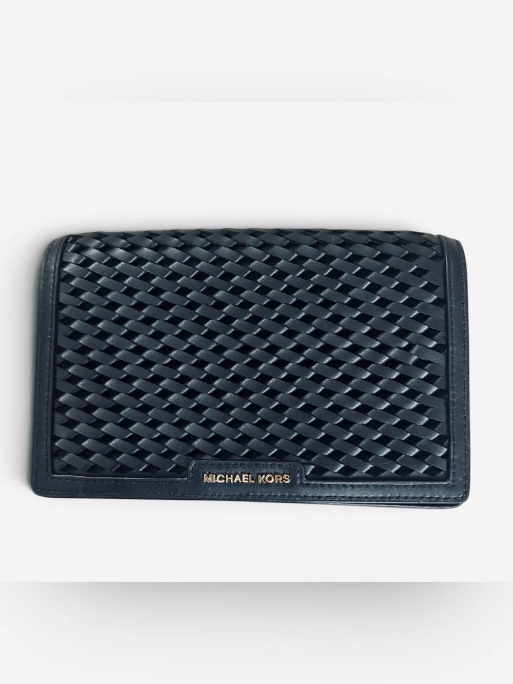 Michael Kors Jet Set Medium Black Woven Leather Crossbody with Gold Chain Strap